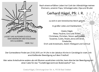 Traueranzeige von Gerhard Hägel von Frankenpost