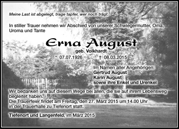 Traueranzeige von Erna August von Südthüringer Presse