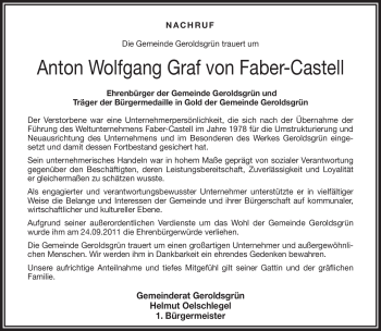 Traueranzeige von Anton Wolfgang Faber-Castell von Frankenpost