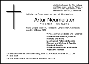 Traueranzeige von Artur Neumeister von Frankenpost
