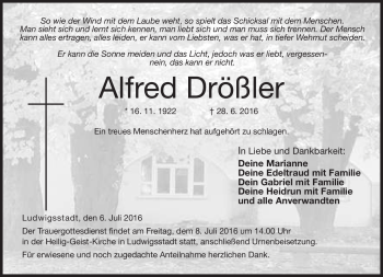 Traueranzeige von Alfred Drößler von Neue Presse Coburg