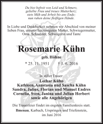 Traueranzeige von Rosemarie Kühn von Südthüringer Presse