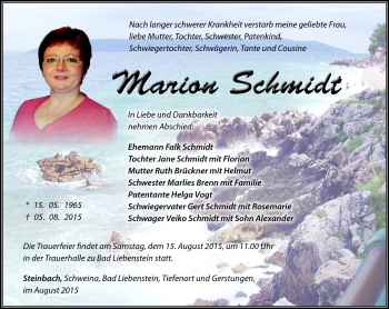 Traueranzeige von Marion Schmidt von Südthüringer Presse