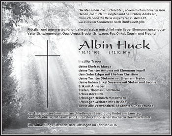 Traueranzeige von Albin Huck von Südthüringer Presse