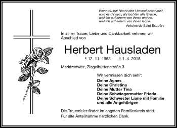 Traueranzeige von Herbert Hausladen von Frankenpost