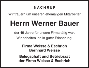 Traueranzeige von Werner Bauer von Neue Presse Coburg