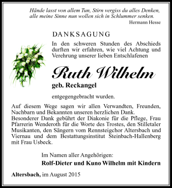 Traueranzeige von Ruth Wilhelm von Südthüringer Presse