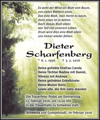 Traueranzeige von Dieter Scharfenberg von Südthüringer Presse