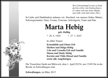 Traueranzeige von Marta Hebig von Südthüringer Presse