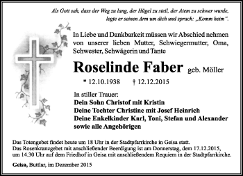 Traueranzeige von Roselinde Faber von Südthüringer Presse