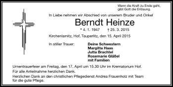 Traueranzeige von Berndt Heinze von Frankenpost