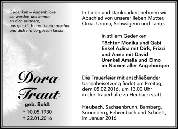 Traueranzeige von Dora Traut von Südthüringer Presse