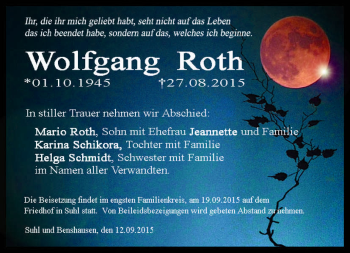 Traueranzeige von Wolfgang Roth von Südthüringer Presse