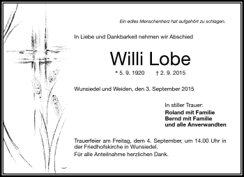Traueranzeige von Willi Lobe von Frankenpost