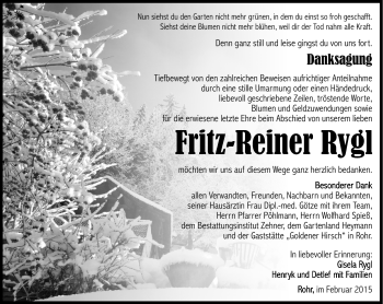 Traueranzeige von Fritz-Reiner Rygl von Südthüringer Presse
