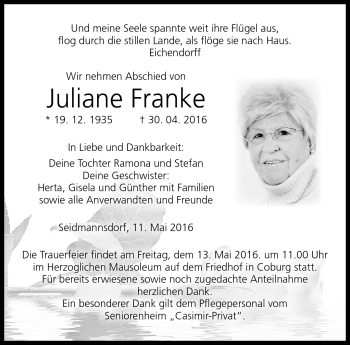 Traueranzeige von Juliane Franke von Neue Presse Coburg