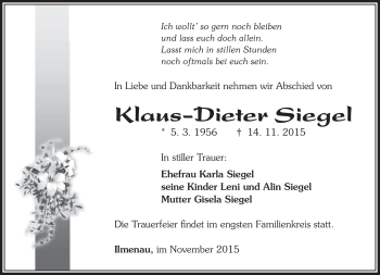 Traueranzeige von Klaus-Dieter Siegel von Südthüringer Presse