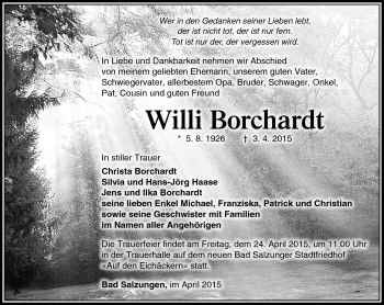 Traueranzeige von Willi Borchhardt von Südthüringer Presse
