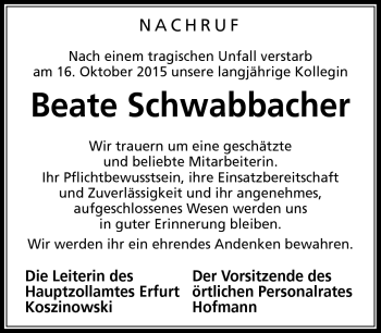 Traueranzeige von Beate Schwabbacher von Südthüringer Presse