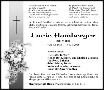 Traueranzeige von Luzie Hamberger von Südthüringer Presse