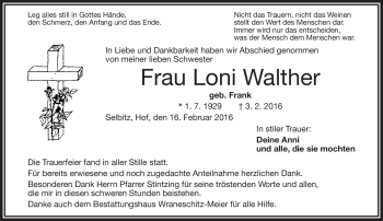 Traueranzeige von Loni Walther von Frankenpost