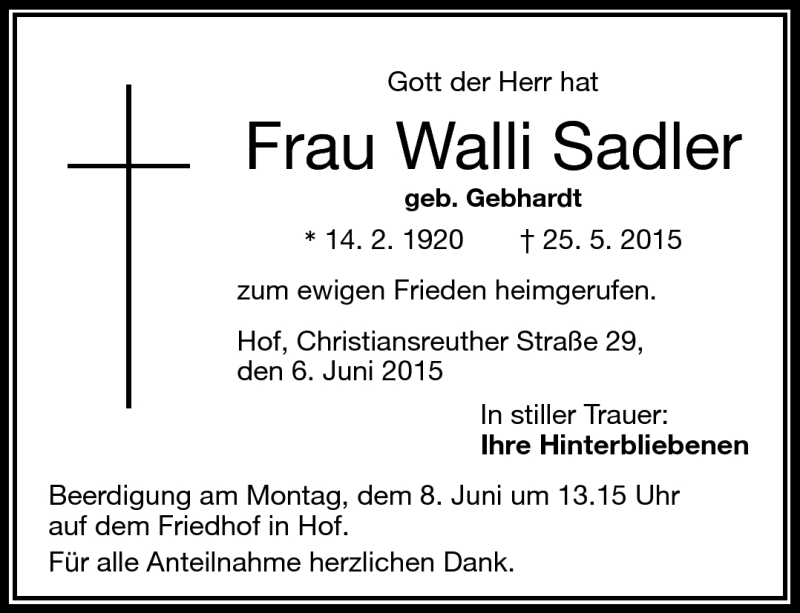  Traueranzeige für Walli Sadler vom 06.06.2015 aus Frankenpost