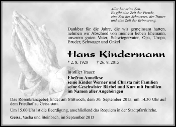 Traueranzeige von Hans Kindermann von Südthüringer Presse