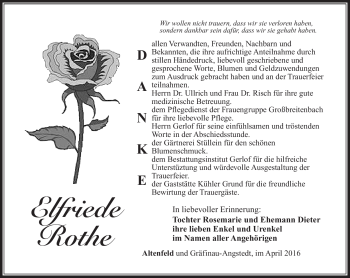 Traueranzeige von Elfriede Rothe von Südthüringer Presse