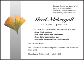 Traueranzeige von Gerd Niebergall von Südthüringer Presse