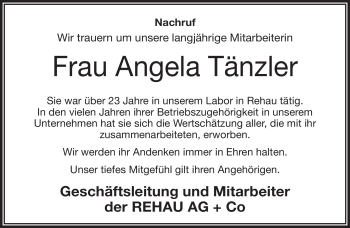 Traueranzeige von Angela Tänzler von Frankenpost