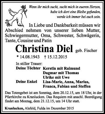 Traueranzeige von Christina Diel von Südthüringer Presse