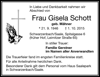 Traueranzeige von Gisela Schott von Frankenpost