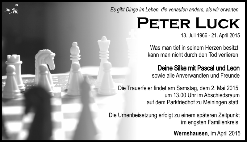  Traueranzeige für Peter Luck vom 25.04.2015 aus Südthüringer Presse