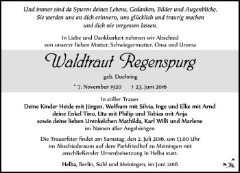 Traueranzeige von Waldtraut Regenspurg von Südthüringer Presse