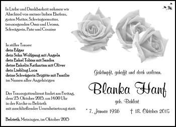 Traueranzeige von Blanka Hanf von Südthüringer Presse