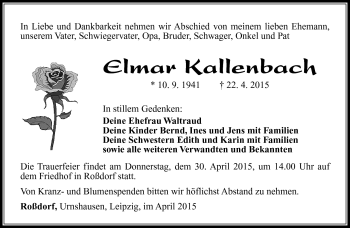 Traueranzeige von Elmar Kallenbach von Südthüringer Presse