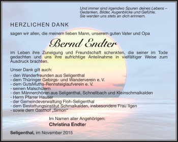 Traueranzeige von Bernd Endter von Südthüringer Presse