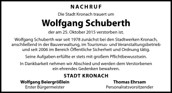 Traueranzeige von Wolfgang Schuberth von Neue Presse Coburg