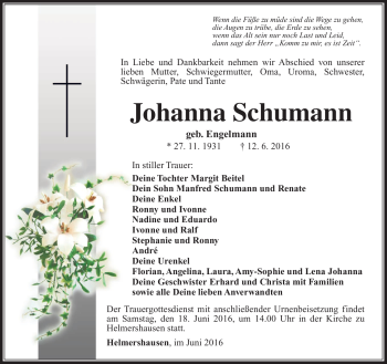 Traueranzeige von Johanna Schumann von Südthüringer Presse
