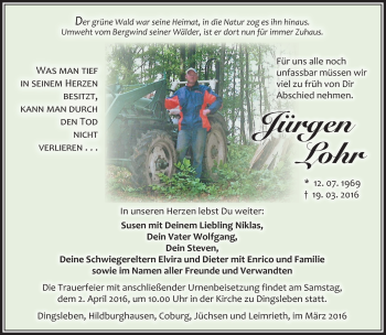 Traueranzeige von Jürgen Lohr von Südthüringer Presse