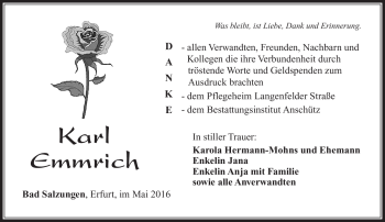 Traueranzeige von Karl Emmrich von Südthüringer Presse