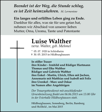 Traueranzeige von Luise Walther von Südthüringer Presse
