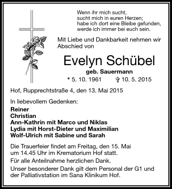 Traueranzeige von Evelyn Schübel von Frankenpost