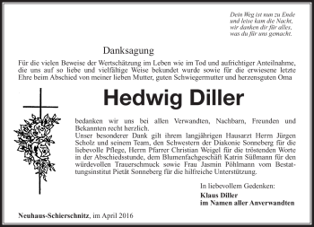 Traueranzeige von Hedwig Diller von Südthüringer Presse