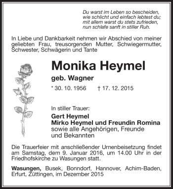 Traueranzeige von Monika Heymel von Südthüringer Presse