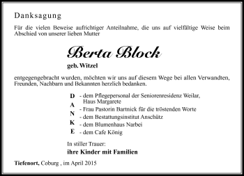 Traueranzeige von Berta Block von Südthüringer Presse