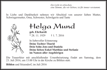Traueranzeige von Helga Mund von Südthüringer Presse