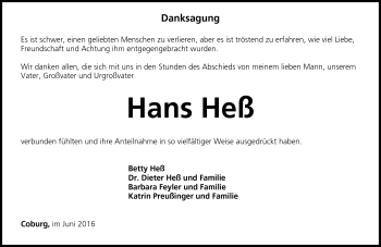 Traueranzeige von Hans Heß von Neue Presse Coburg