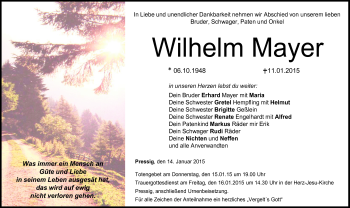 Traueranzeige von Wilhelm Mayer von Neue Presse Coburg
