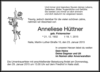 Traueranzeige von Anneliese Hüttner von Frankenpost